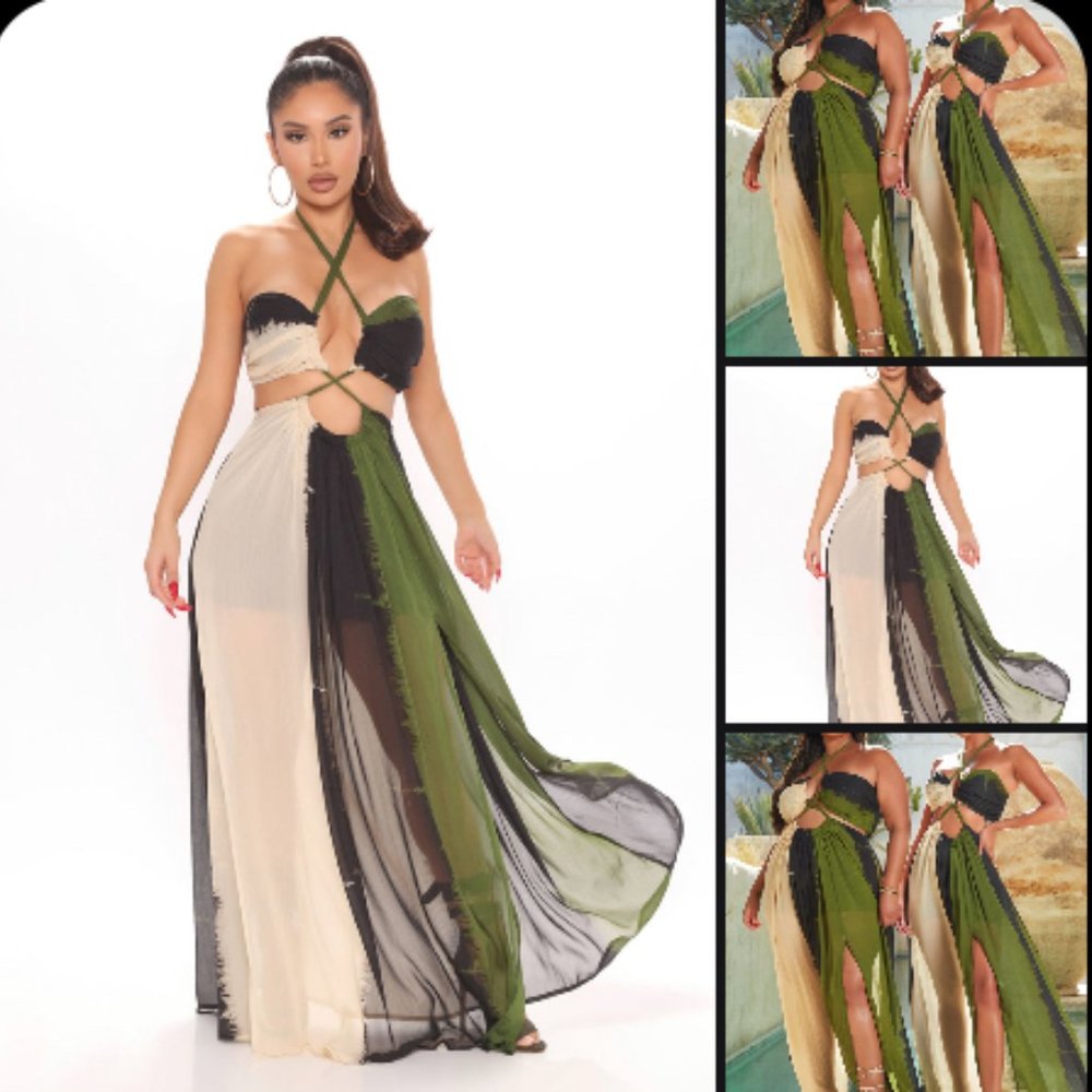 Fashion Nova Gypy Love Maxi Dress      Color: Olive/Combo    Size: Large